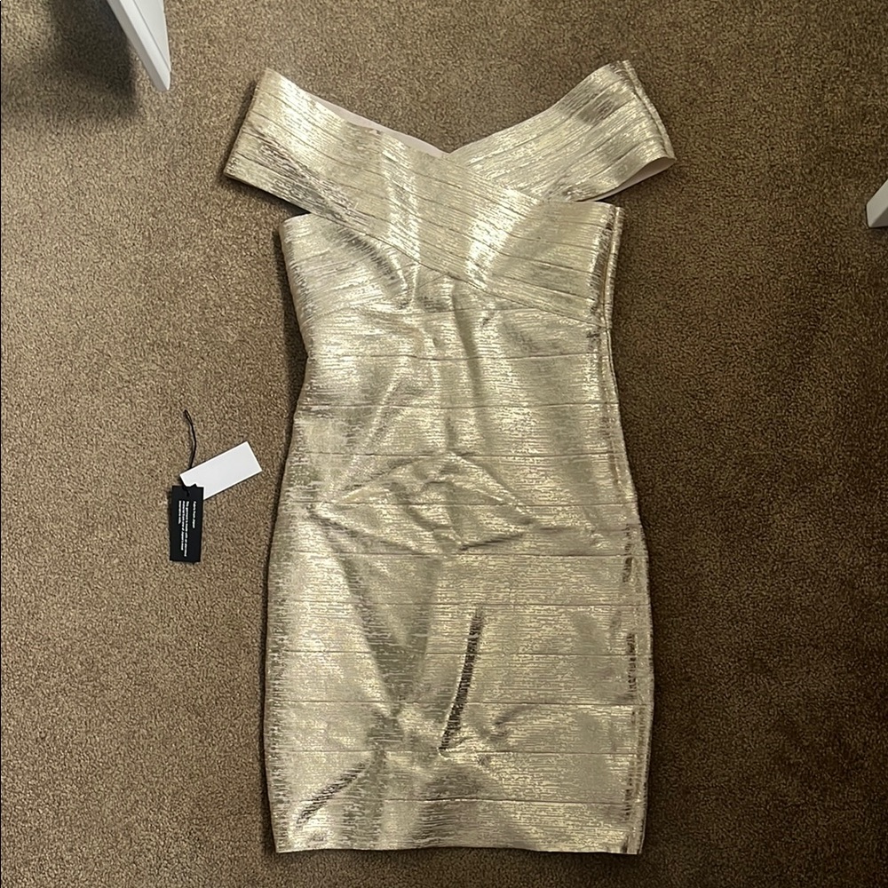 Bebe Gold Ruched Off-Shoulder Bodycon Dress - Picture 2 of 5